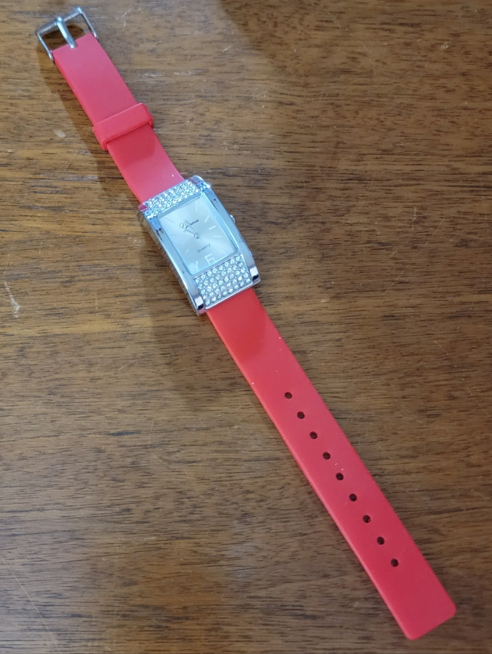 Geneva blingy silver watch w/red jelly band